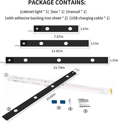 Світлодіодний датчик WERPOWER Освітлення шафи, світлодіодне освітлення шафи, акумуляторне освітлення шафи, освітлення шафи, сенсорне освітлення кухні, освітлення шафи, шафа, чорний, 40 см.