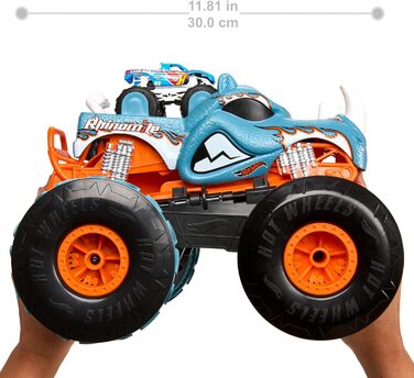 Машинка на дистанційному управлінні Hot Wheels Monster Trucks, кабріолет Rhinomite в масштабі 112 з іграшковою вантажівкою Race Ace в масштабі 164, можна перетворити на стартер, HPK27