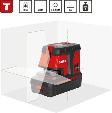 Поперечний лазер STIER 150 x 130 з 5 точками схилу, зелений