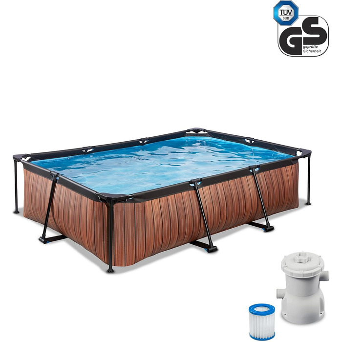 Басейн EXIT Toys Wood Pool - 300x200x65 см - Прямокутний, компактний каркасний басейн з картриджним фільтруючим насосом - Легкий доступ - Підходить для маленьких дітей - Міцний каркас - Унікальний дизайн - Коричневий