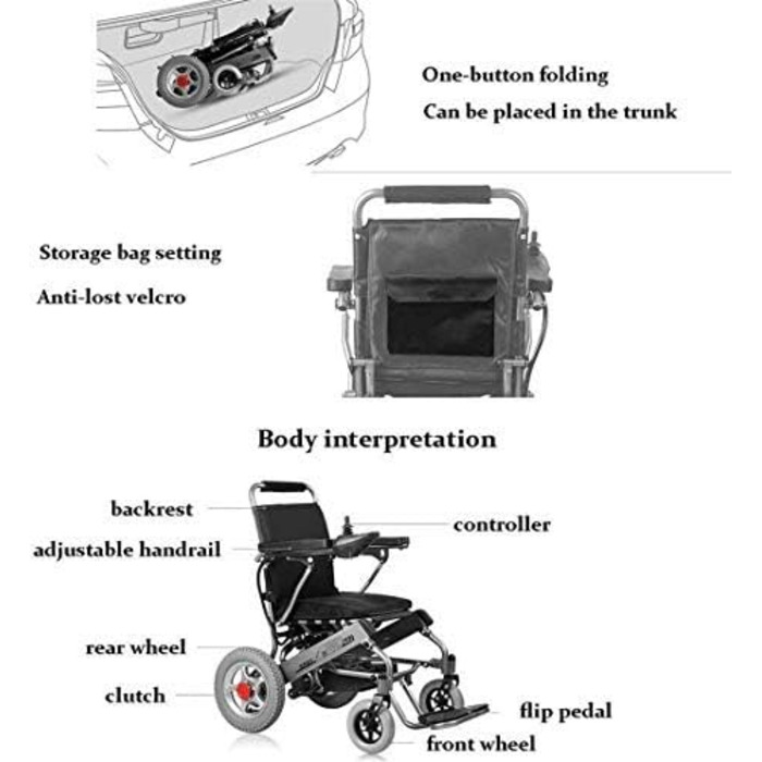 Електричне інвалідне крісло для дорослих, портативне інвалідне крісло з алюмінієвого сплаву, складаний електричний скутер, підходить для людей похилого віку та людей з обмеженими можливостями