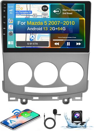 Автомобільна стереосистема Android 13 з бездротовим Carplay Автомобіль Android для Mazda 5 2007-2010 9-дюймова автомагнітола з GPS Navi Bluetooth WiFi RDS HI-FI FM 2USB SWC камера заднього виду, 2G64G