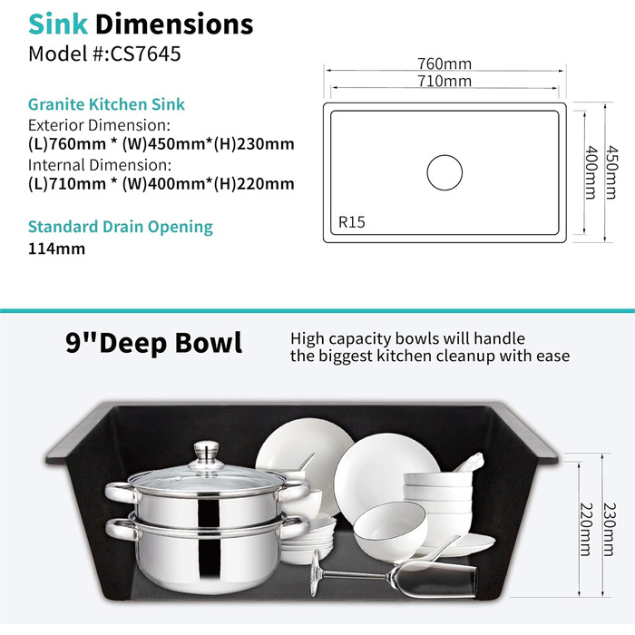 Гранітна мийка Чорна кухонна мийка 80 кварцовий пісок Гранітна мийка, 1 чаша вбудована раковина, в т.ч. сифон обробна дошка і більше (760x450x220 мм)