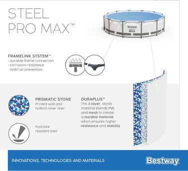 Каркасний басейн Bestway Steel Pro MAX Повний комплект з фільтруючим насосом Ø 366 x 122 см, світло-сірий, круглий одинарний