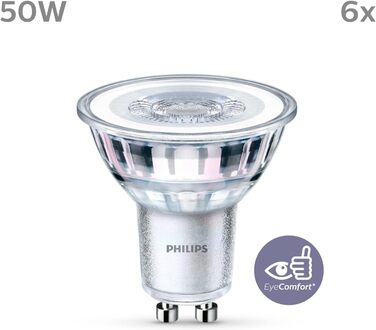 Лампи Philips LED Classic GU10 Warm Glow (50 Вт), світлодіодні плями з рефлектором з регулюванням яскравості та теплим білим світлом, енергозберігаючі лампи з тривалим терміном служби (50 Вт, упаковка з 6 шт. , не затемнюється)