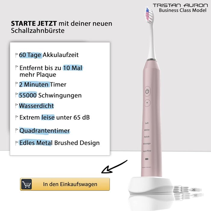 Звукова зубна щітка з напругою 55 000 VPM - 60 днів автономної роботи - 5 режимів чищення - IPX7 Водонепроникна - Електрична зубна щітка Tristan Auron (рожева) F - з 2 насадками для зубної щітки (рожева)