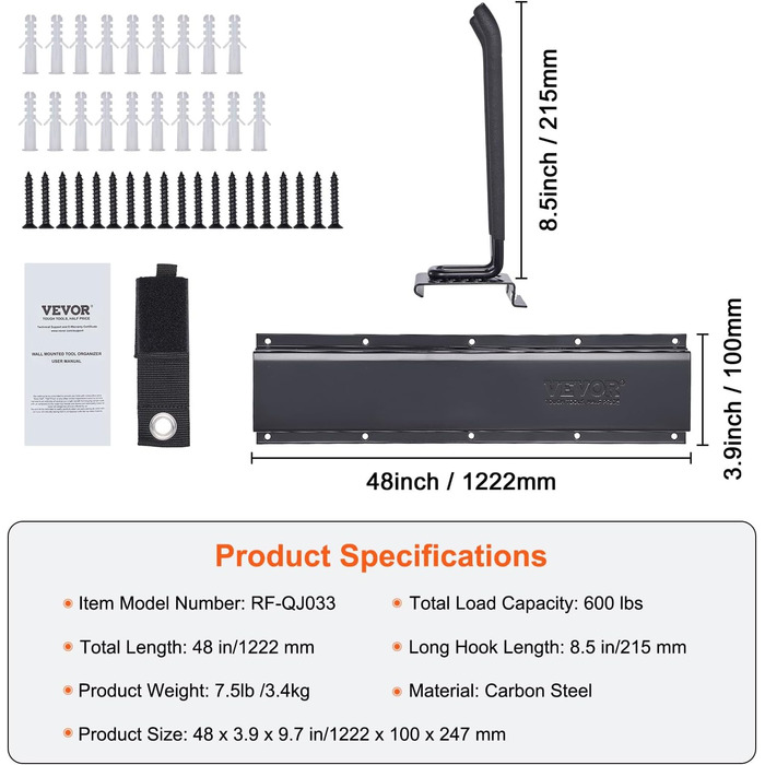 Тримач для інструментів VEVOR 1222 x 100 x 247 мм Тримач інструменту 272 кг Гачок для гачка для інструментів Тримач інструменту Стійка для інструментів з вуглецевої сталі Зберігання інструментів Смуга для інструментів Органайзер для інструментів Настінне 