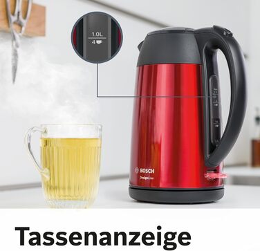 Акумуляторний чайник Bosch DesignLine TWK3P424 DesignLine, наливання без бризок, індикатор чашки, індикатор рівня води, захист від перегріву, 1.7 л, 2400 Вт, червоний