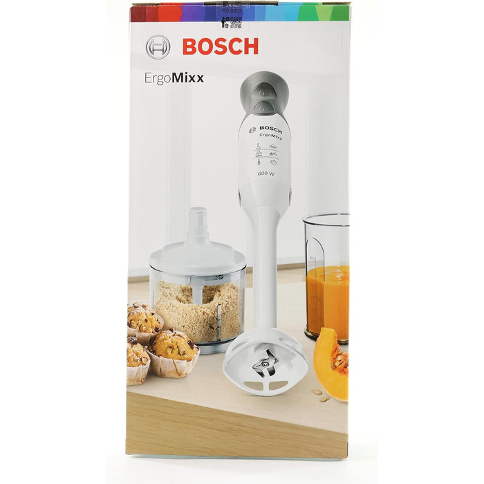 Ручний блендер Bosch ErgoMixx MSM66020, ніжка блендера, змішувально-мірний стакан, 4-лезовий ніж, ергономічний дизайн, 12 рівнів плюс турбо, 600 Вт, білий/сірий, білий/сірий