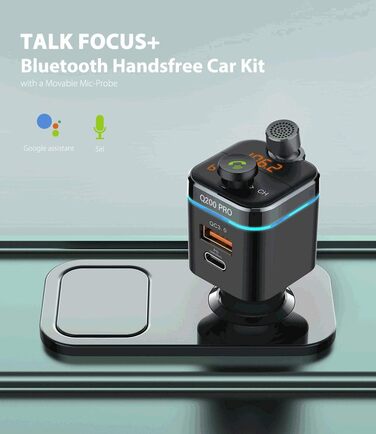 Комплект FM-передавача Feegar Q200 Bluetooth 5.0 QC4 PD SD MP3 USB-C 12-24V Зарядний пристрій 42 Вт (макс.) 87,5-108,0 МГц FM Роз'єм типу C PD 20 Вт регульований мікрофон HD Bass Boost Ефект об'ємного звучання