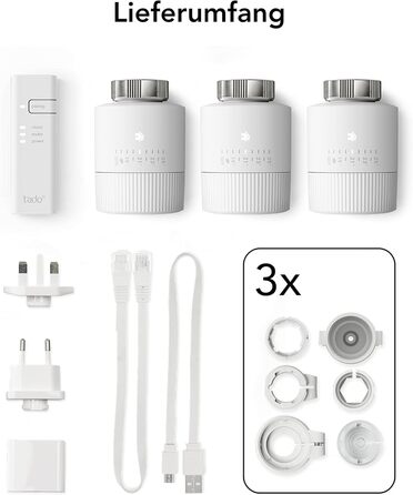 Розумний радіаторний термостат tado Wifi Starter Kit V3, включно з 3 термостатами для опалення цифрове керування опаленням через додаток легке встановлення сумісний з Alexa, Siri та Google.