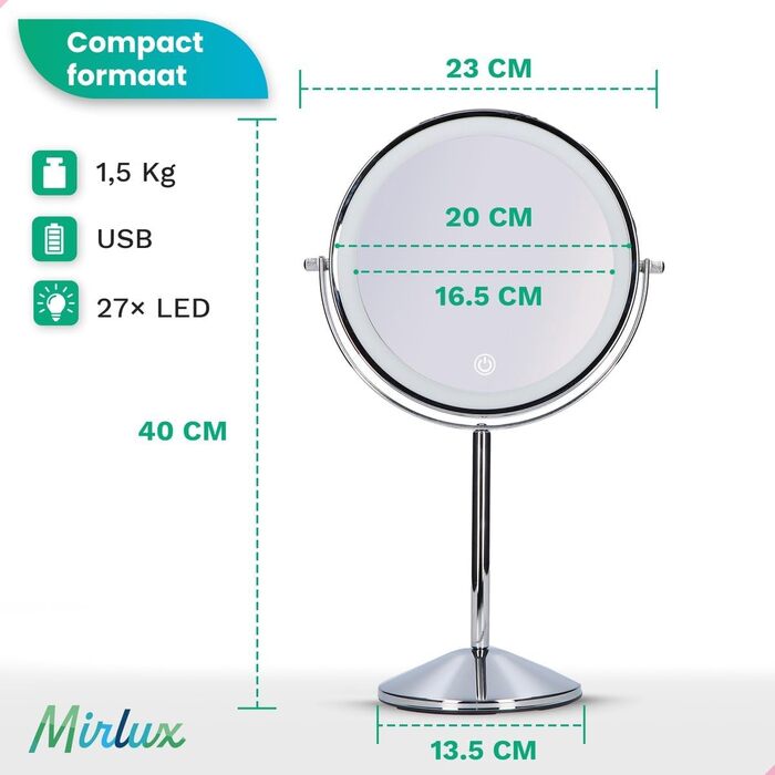 Косметичне дзеркало Mirlux з 10-кратним збільшенням і світлодіодним підсвічуванням, настільне дзеркало, дзеркало для макіяжу з регулюванням яскравості і сенсорним перемикачем, що підзаряджається від USB, поворотна на 360 ванна і туалетний столик (хром)