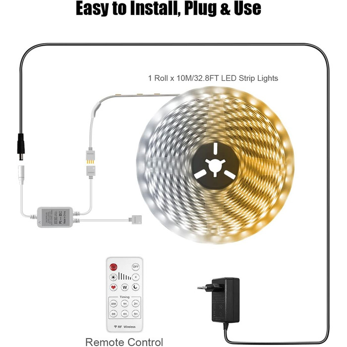 Світлодіодна стрічка CGN 10M з можливістю затемнення, набір світлодіодних стрічок 3000K Теплий білий 6000K Холодна біла гнучка світлодіодна стрічка своїми руками самоклеюча з радіочастотним пультом дистанційного керування Блок живлення 12 В Світлодіодна с