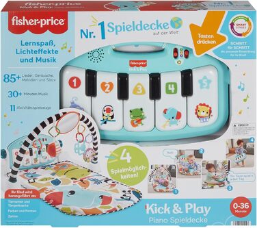 Ковдра для гри на фортепіано Fisher-Price Contrast Kick & Play для немовлят, весела ковдра для гри на фортепіано, портативна музична іграшка з навчальним вмістом Smart Stages, від 0 місяців, синій, німецька версія, HYH59