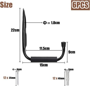 Настінний гачок для зберігання гачка в гаражі, 15 см сталевий гачок для приладу з пінопластом EVA Важкий гачок для зберігання вантажопідйомність 18 кг Інструмент для драбини для гаража Підвал Кухня Сарай Кухня, 6 шт.