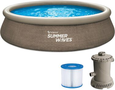 Повний набір Summer Waves Quick Up Pool Круглий 396x84 см Ротанг вигляд Коричневий набір наземних басейнів Садовий басейн і плавальний басейн, включаючи фільтруючий насос і фільтрувальний картридж