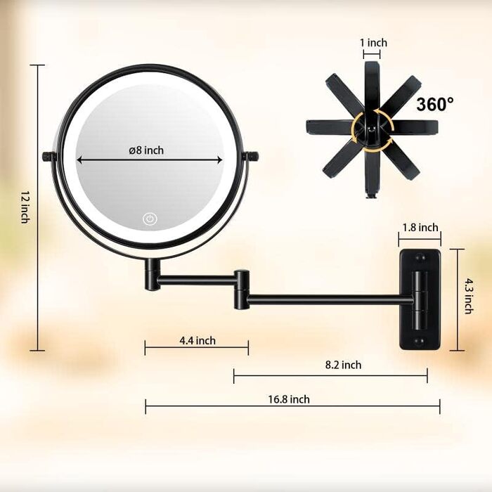 Світлодіодне дзеркало для макіяжу з підсвічуванням / 5 шт. настінне кріплення, дзеркало для макіяжу з регулюванням яскравості з сенсорним перемикачем USB зарядка, 3 кольори, обертається на 360, дзеркало для макіяжу для ванної кімнати чорне 5 шт. чорне