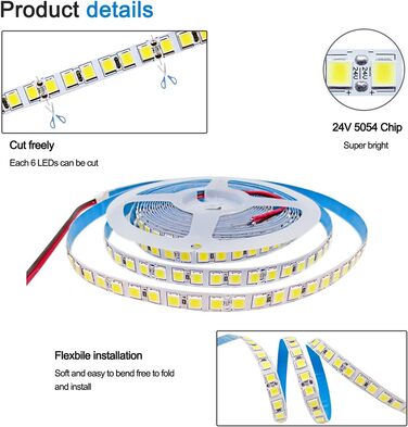 Світлодіодна стрічка Tesfish 24 В, 5 м натуральна біла 4000K світлодіодна стрічка SMD 5054 IP20 120 світлодіодів/м, всього 600 світлодіодів супер яскраві світлодіодні стрічки, світлодіодні стрічки для дому, полиці, оформлення кухні 24v Natural White