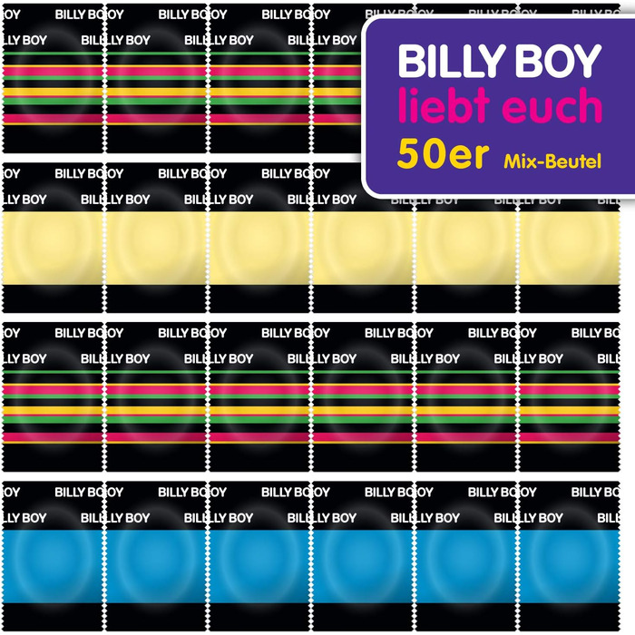 Презервативи Billy Boy 50 пакетиків Мікс кольорових, перлових, кольорових та екстра вологих презервативів