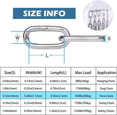 Подовжувач ланцюга Hannger з нержавіючої сталі - 5 м 3 мм Металеві підвісні котушки безпеки Міцний ланцюг до 80 кг Завантажуваний для тіньових вітрил Прикраса огорожі Намисто для собак Орнамент ліхтаря Повітряна йога (0,6 метра 2 шт. и, Ø 4мм)