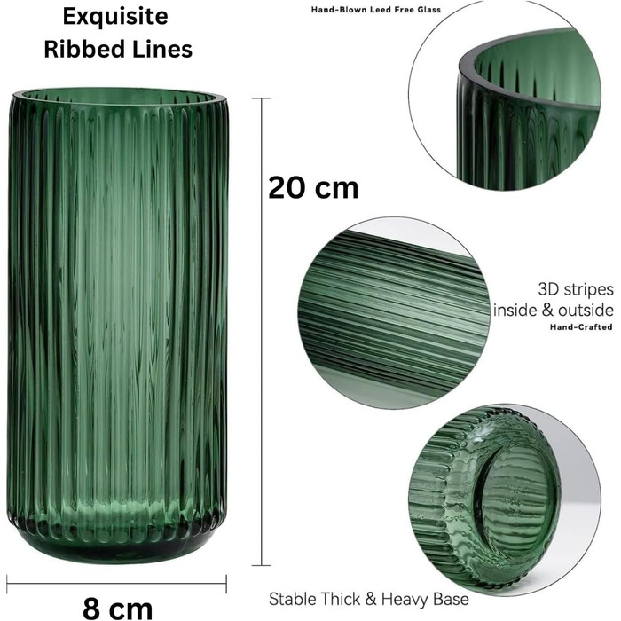 Зелена скляна ваза Vzmiza для сучасного декору будинку - Квіткова ваза для трави пампаси - Скандинавський стиль бохо вази скляні для весілля - Ребриста ваза для квітів для обіднього столу з тюльпанами, підлогова ваза для вітальні (зелена) велика 20 см зел