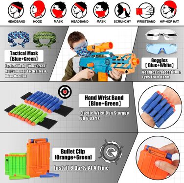 Компонентний тактичний жилет-куртка для Nerf Guns N-Strike Elite, тактичний жилет для дітей, з 60 дротиками, 2 окулярами, 2 кліпсами для швидкого перезарядження, 2 масками та 2 пов'язками на руку синійзелений, 2-