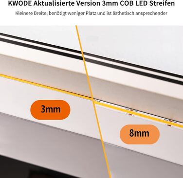 Світлодіодна стрічка KWODE COB 3000K Тепла біла, 2M 768LED, світлодіодна стрічка COB з можливістю затемнення шириною 3 мм, гнучка світлова стрічка 12 В постійного струму з джерелом живлення та радіочастотним пультом дистанційного керування для вітальні, с