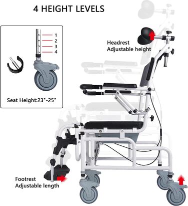 Крісло для душу ZAANU з підголівником, душ/туалет/крісло для транспортування з підлокітниками та спинкою, інвалідна кабіна з нахилом 45, нічні туалети для людей похилого віку