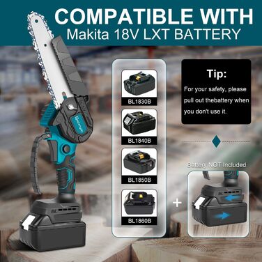 Безщіткова 6-дюймова ланцюгова пила для Makita 18V LXT (без акумулятора), Акумуляторна міні-бензопила для однієї руки для акумулятора Makita, Електрична ланцюгова пила для різання дерева / обрізки дерев / садові ножиці зелена