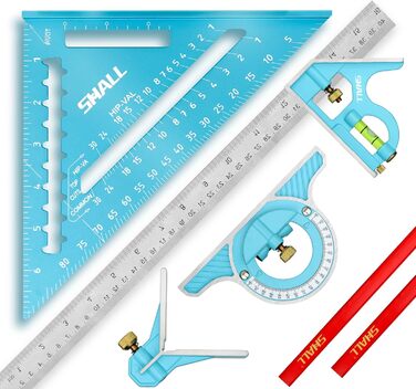 Набір інструментів SHALL кроквяний косинець і комбінований косинець, 17,8 см, алюмінієвий сплав, литий під тиском, столярний косинець і 30,5 см з цинкового сплаву, косинець, лінійка