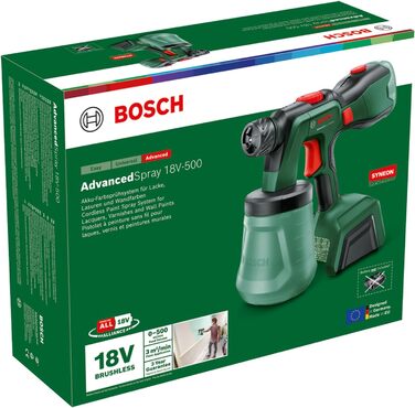 Акумуляторний фарборозпилювач Bosch AdvancedSpray 18V-500 (для емульсійних/латексних фарб, глазурі та лаків 3 м/хв 2 балончика по 1200 мл система 18 В без акумулятора)