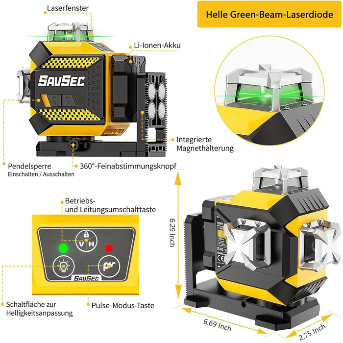Поперечний лазерний, лазерний рівень SAVSEC 3x360 з регульованою яскравістю, зелений самовирівнюючий рівень, акумуляторна літієва батарея з входом USB-C (703CG-S)