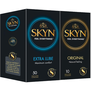 Презервативи SKYN Extra Lube 50 предметів та оригінальні презервативи (10 шт. ) Презервативи Skynfeel без латексу, надзвичайно вологі та зручні для використання з нашими змазками