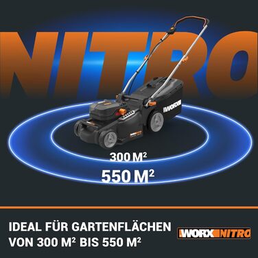 Акумуляторна газонокосарка WORX WG737E Nitro 40В (2х20В) - потужний безщітковий двигун - ширина зрізу 37см - 6 налаштувань висоти зрізу (20-70мм) - травозбірник на 40л - в комплекті батареї 2х4Ач та подвійний зарядний пристрій