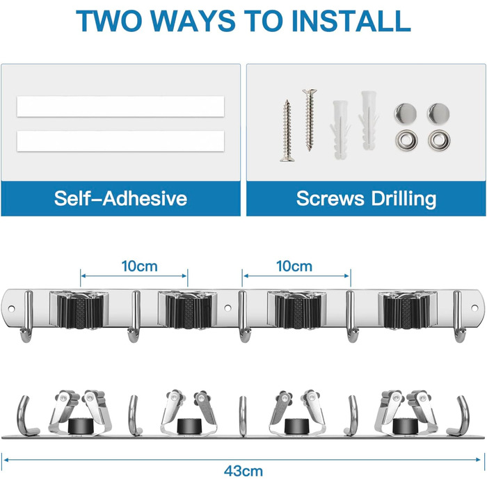 Частини тримач мітли настінний, тримач для інструментів з нержавіючої сталі з 4 тримачами та 5 гачками, тримач для садового інструменту тримач швабри настінний кронштейн самоклеючий тримач інструменту настінний гачок для ванної кімнати сад гараж 2 шт. и 4