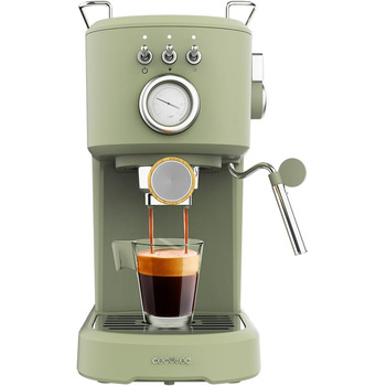 Кавоварка Compact Power Espresso 20 Retro Green 1100 Вт, 20 бар, система термоблоків, поворотний відпарювач, важіль фільтра з подвійним виходом і 2 фільтрами, 1,25 літра з манометром зеленого кольору