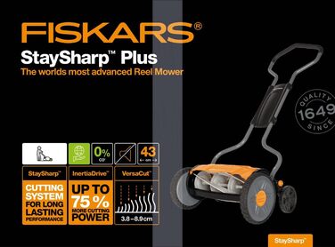 Циліндрична газонокосарка Fiskars, газонокосарка з безконтактною системою різання, ширина зрізу 43 см, StaySharp Plus, чорна/помаранчева/срібляста, 1015649 Одинарна