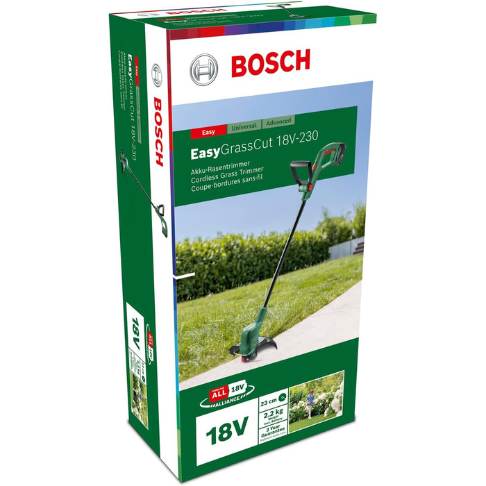 Для дому та саду 06008C1A03 Тример для трави Bosch EasyGrassCut 18V-230 ( акумулятор 2,0 Агод, система 18 Вольт, діаметр ріжучого кола 23 см, в коробці) Класичний зелений