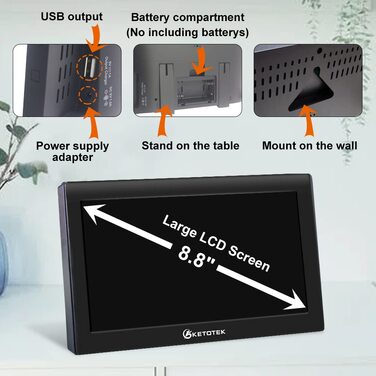 Бездротова метеостанція KETOTEK з датчиком VA дисплей цифровий термометр гігрометр, радіо-будильник DCF, барометр, прогноз погоди, схід сонця захід сонця в місті, фази місяця з адаптером ЄС