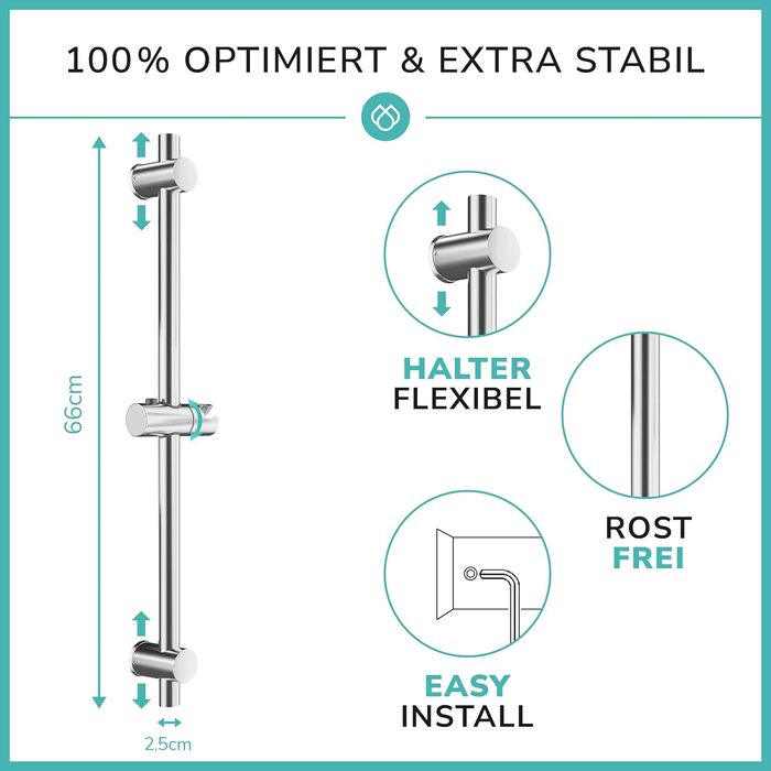 Душова штанга з нержавіючої сталі 66см нержавіюча - душова штанга зі змінним свердлінням отворів завдяки гнучким настінним кронштейнам - душова штанга та верхній слайдер (простий, гнучкий, стійкий) - настінний стрижень змінний (матовий вигляд)