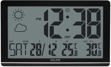 Радіокерований настінний годинник, індикація температури в приміщенні та на вулиці, 1 датчик в комплекті, прогноз погоди з символами, чорний, 8001 Jumbo