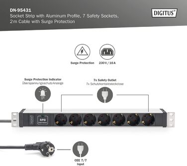 Подовжувач живлення DIGITUS 19 - - 1U - 250 В змінного струму - 50/60 Гц - 16 А - 4000 Вт (7 кранів, захист від перенапруг, версія DE)