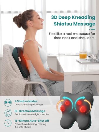 Масажер для спини з нагріванням, шиацу 3D Kneading Neck Massager, мязовий біль, дротова масажна подушка для шиї, спини, ніг, подарунки для чоловіків і жінок