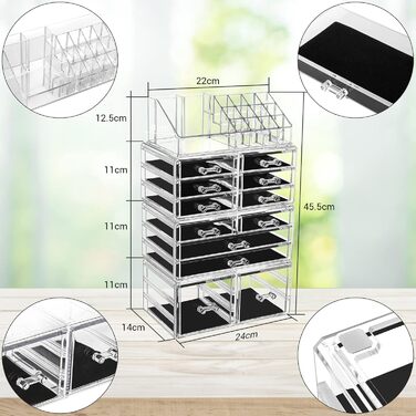 Органайзер для макіяжу з 12 ящиками, велика коробка для зберігання косметики, коробка для зберігання косметики, штабельований косметичний органайзер, акрилове сховище для макіяжу, для спальні та ванної кімнати, прозорий