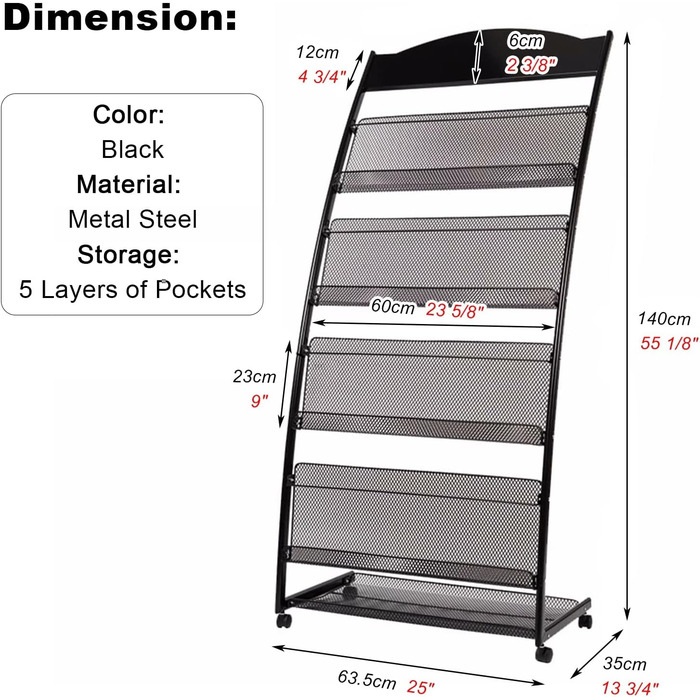 Підлоговий тримач для брошур/журналів з 5 рівнями, презентаційний стенд для бізнес-брошур для лікарні/офісу, портативна багатофункціональна металева стійка для зберігання флаєрів