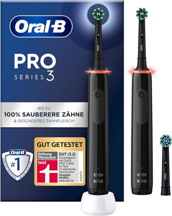 Електрична зубна щітка Oral-B Pro 3 3900, подвійна упаковка та 3 щітки, з 3 режимами чищення та візуальним регулюванням тиску на 360 для догляду за зубами, подарунок чоловіку/жінці, чорний чорний