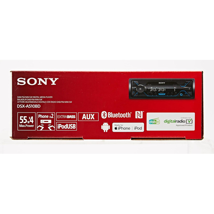 Автомобільна стереосистема Sony DSX-A510KIT DAB з антеною, подвійним роз'ємом Bluetooth, NFC, USB та AUX синє освітлення Гучний зв'язок, чорне радіо DAB з Bluetooth