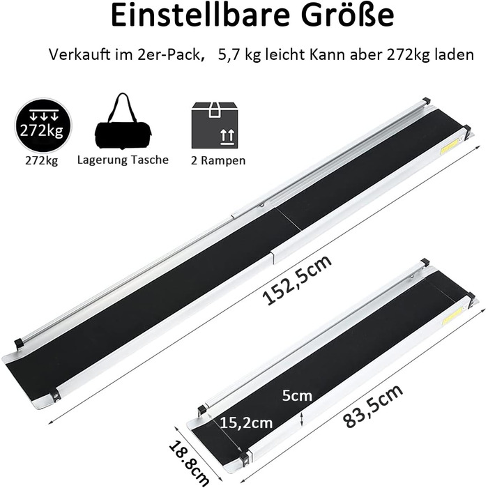 Телескопічний пандус для інвалідних візків 83,5-152 см, регульований регульований портативний алюмінієвий нековзний телескопічний пандус з вантажопідйомністю 272 кг для сходів, перешкод, сходинок будинку, в текстильній сумці, 5 футів-(83,5-152 см), 2 шт.