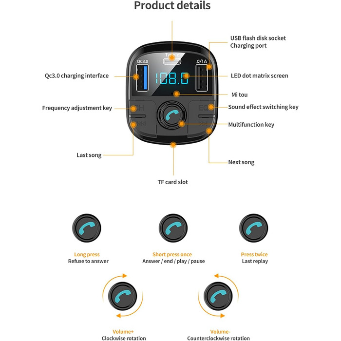 Автомобільний Bluetooth-передавач,ДокладнішеРадіоадаптер Chioce Bluetooth 5.0 QC3.0 Подвійний зарядний пристрій USB Прикурювач Бездротовий Bluetooth-передавач із підтримкою гучного зв'язку TF-карта