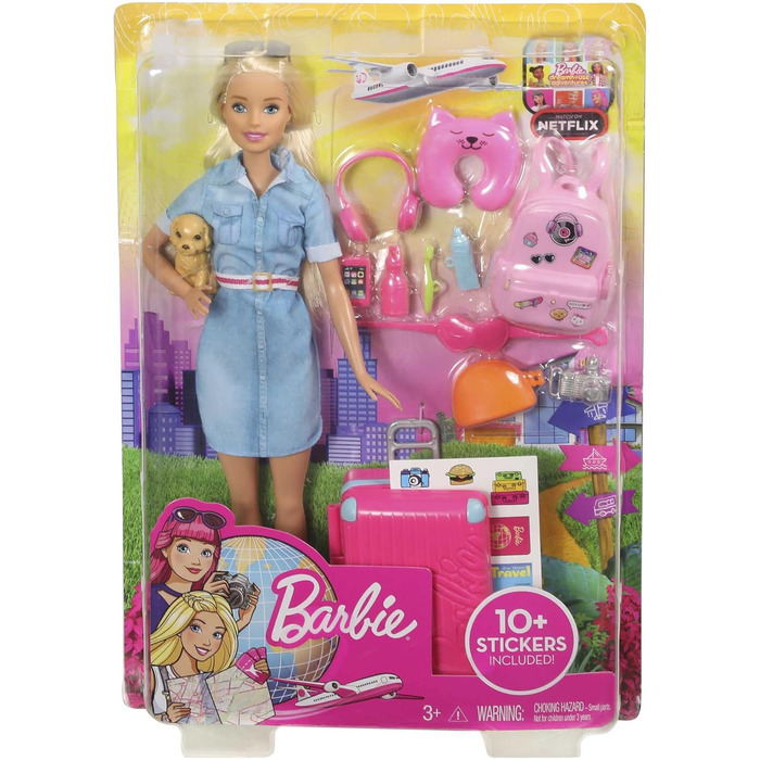 Лялька Барбі Barbie Dream House Adventures, подорожня Барбі зі світлим волоссям, рожева валіза, рюкзак, подушка для шиї, цуценя, аксесуари Барбі, подарунки для дітей віком від 3 років,FWV25